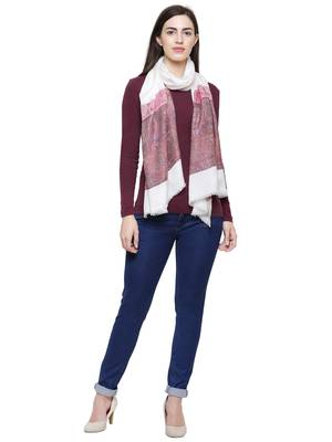 Voscose Rayon Paisley Woven Design Shawl White & Pink 2