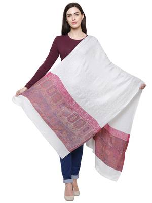 Voscose Rayon Paisley Woven Design Shawl White & Pink 3