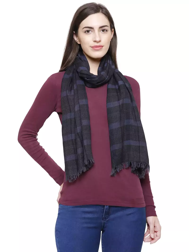 Viscose Rayon Checked Woven Design Stole Navy & Black