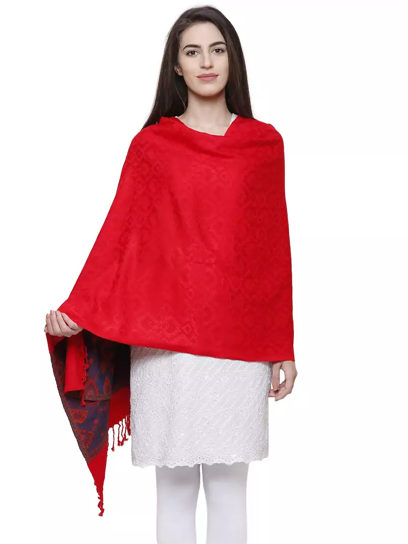 Viscose Rayon Geometric & Striped Woven Design Shawl Red