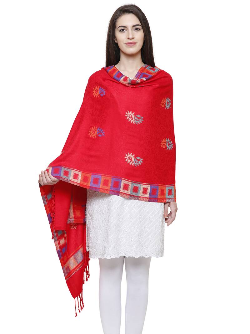 Viscose Rayon Geometric Woven Design Shawl Red