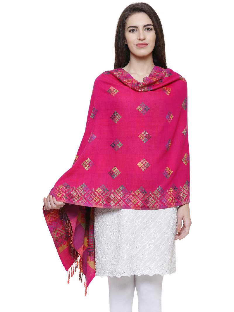 Viscose Rayon Geometric Woven Design Shawl Fuschia