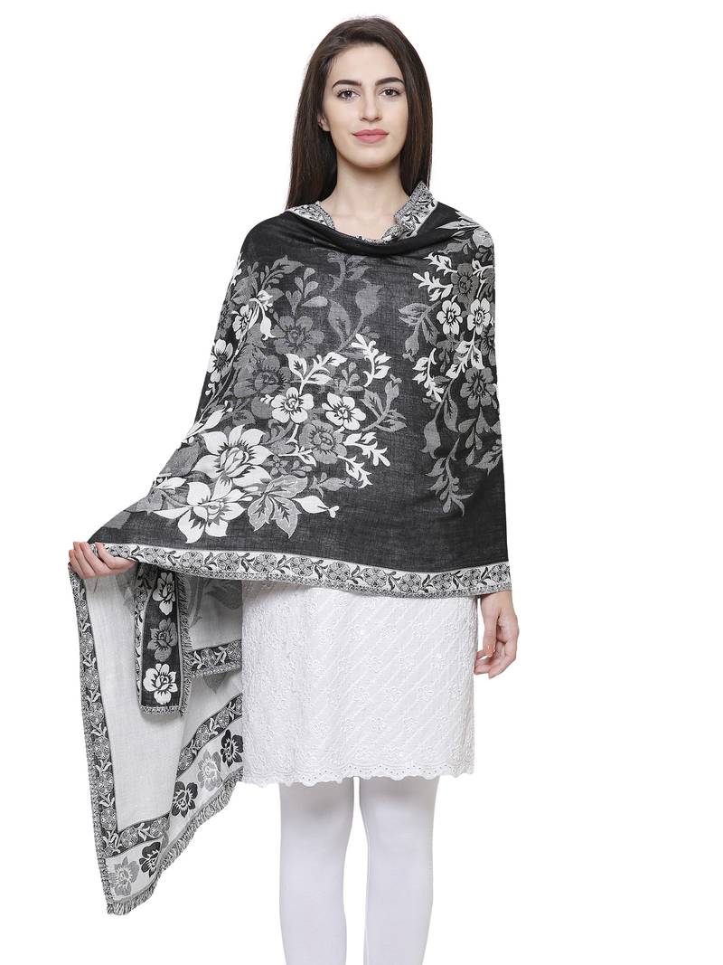 Viscose Rayon Floral Woven Design Shawl Black & White