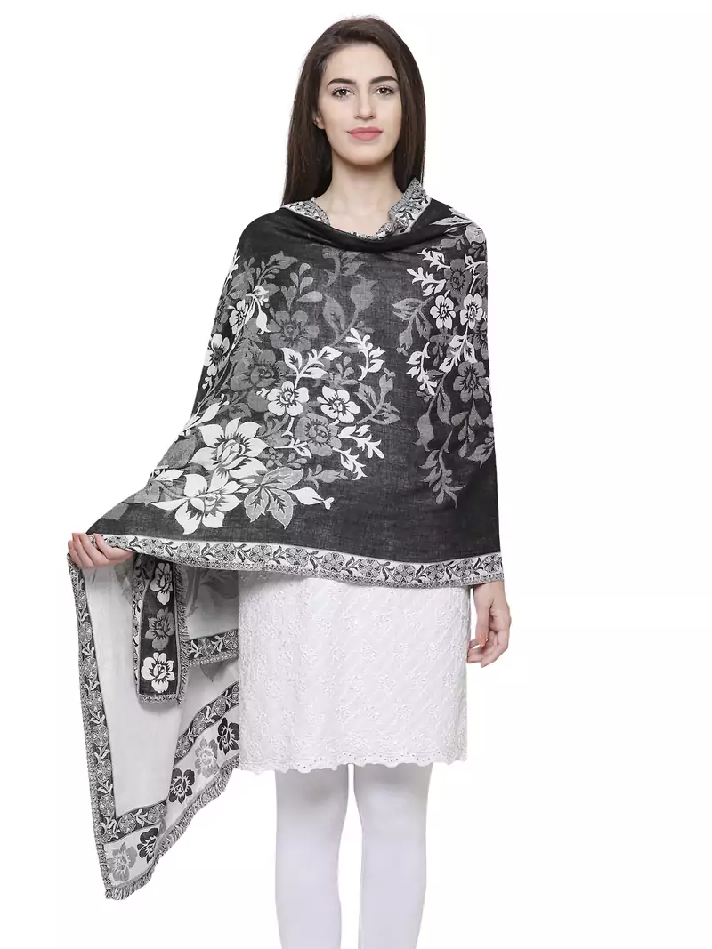 Viscose Rayon Floral Woven Design Shawl Black & White
