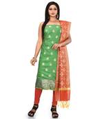 Green Zari Cotton Silk unstitched salwar with dupatta