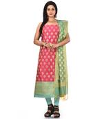 Pink Zari Cotton Silk unstitched salwar with dupatta