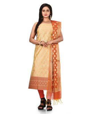 Cream Zari Cotton Silk unstitched salwar with dupatta 1