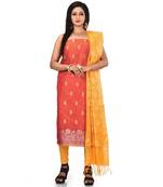 Red Zari Cotton Silk unstitched salwar with dupatta