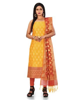 Yellow Zari Cotton Silk unstitched salwar with dupatta 1