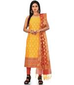 Yellow Zari Cotton Silk unstitched salwar with dupatta