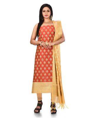 Red Zari Cotton Silk unstitched salwar with dupatta 1