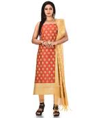 Red Zari Cotton Silk unstitched salwar with dupatta