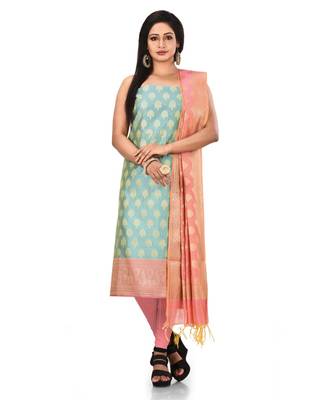 Light Blue Zari Cotton Silk unstitched salwar with dupatta 1