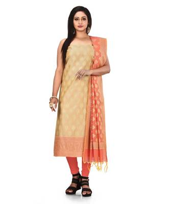Cream Zari Cotton Silk unstitched salwar with dupatta 1