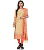 Cream Zari Cotton Silk unstitched salwar with dupatta