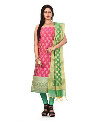 Pink Zari Cotton Silk unstitched salwar with dupatta 1