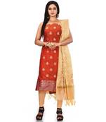 Red Zari Cotton Silk unstitched salwar with dupatta