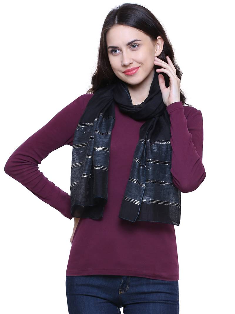 Black Solid Cotton Silk Lurex Scarf