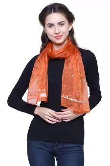 Light Rust Synthetic Polyester Organza (Poly Silk) Solid Embroidered Sequined Stole