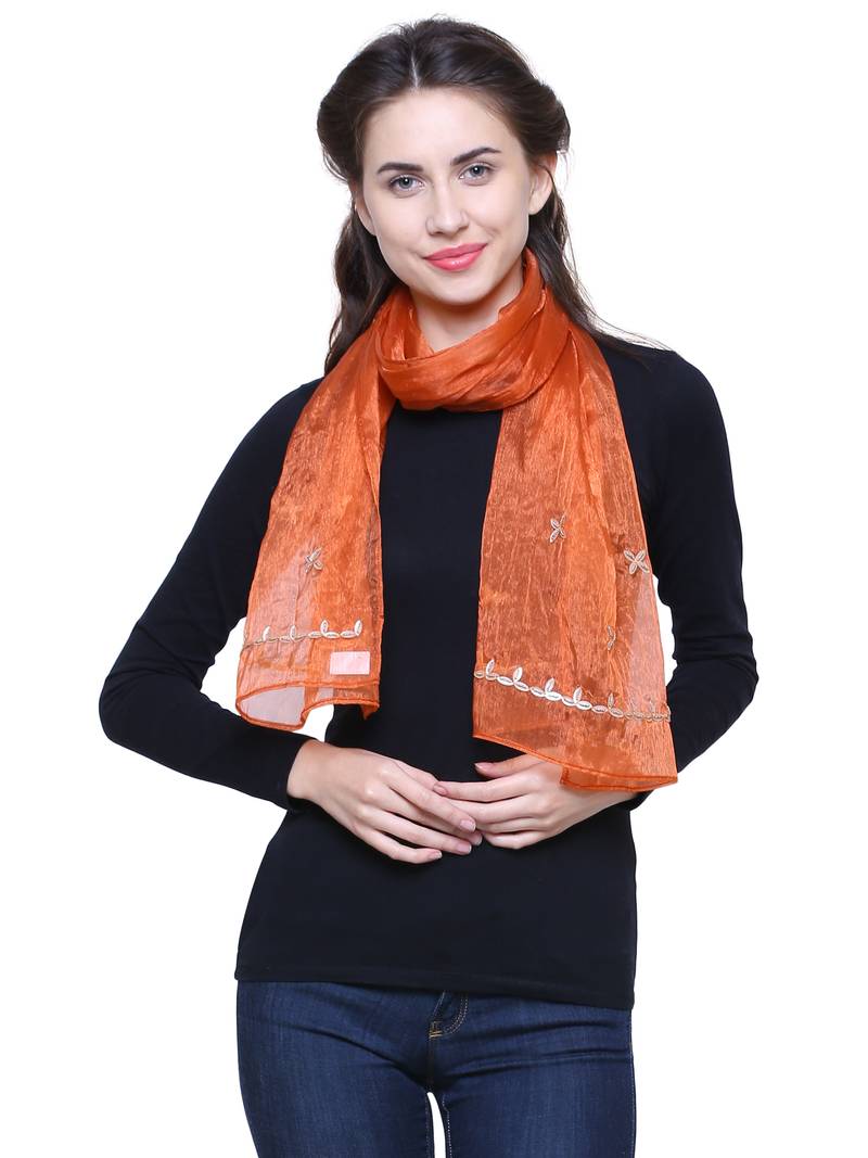 Light Rust Synthetic Polyester Organza (Poly Silk) Solid Embroidered Sequined Stole