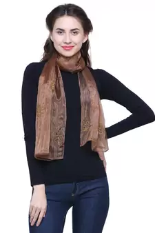 Light Brown Synthetic Polyester Organza (Poly Silk) Solid Embroidered Sequined Stole