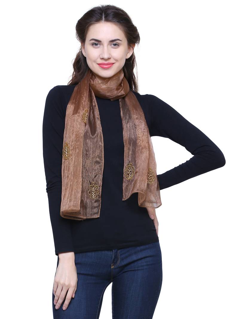 Light Brown Synthetic Polyester Organza (Poly Silk) Solid Embroidered Sequined Stole
