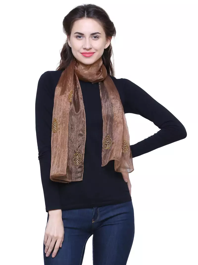 Light Brown Synthetic Polyester Organza (Poly Silk) Solid Embroidered Sequined Stole