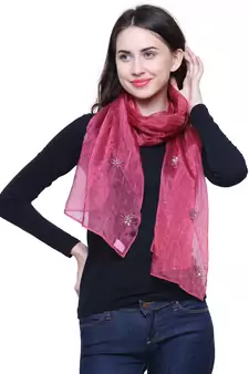 Dark Pink Rust Synthetic Polyester Organza (Poly Silk) Solid Embroidered Sequined Stole