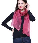 Dark Pink Rust Synthetic Polyester Organza (Poly Silk) Solid Embroidered Sequined Stole