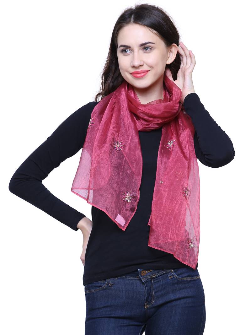 Dark Pink Rust Synthetic Polyester Organza (Poly Silk) Solid Embroidered Sequined Stole