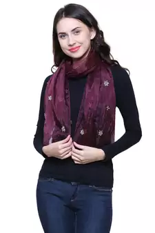 Brinjal Synthetic Polyester Organza (Poly Silk) Solid Embroidered Sequined Stole