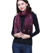 Brinjal Synthetic Polyester Organza (Poly Silk) Solid Embroidered Sequined Stole