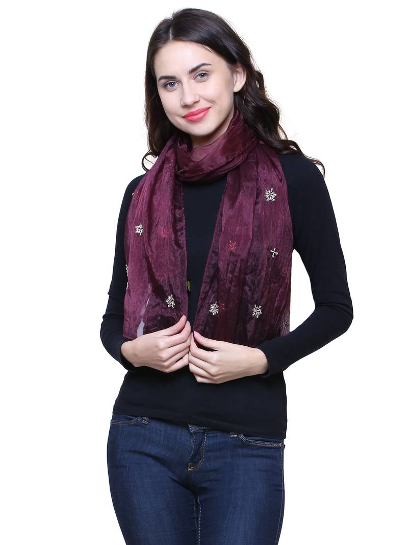 Brinjal Synthetic Polyester Organza (Poly Silk) Solid Embroidered Sequined Stole