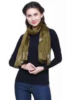 Olive Synthetic Polyester Organza (Poly Silk) Solid Embroidered Sequined Stole