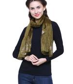 Olive Synthetic Polyester Organza (Poly Silk) Solid Embroidered Sequined Stole