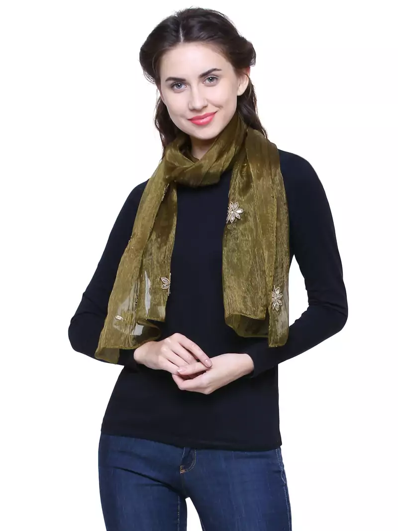 Olive Synthetic Polyester Organza (Poly Silk) Solid Embroidered Sequined Stole