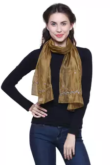 Mehandi Synthetic Polyester Organza (Poly Silk) Solid Embroidered Sequined Stole