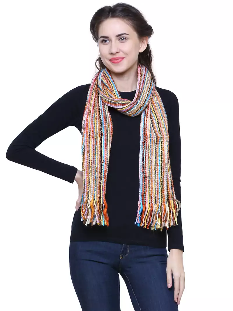 Yellow and  Multicoloured Acrylic Striped Woven Design Stole