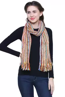 Yellow and  Multicoloured Acrylic Striped Woven Design Stole