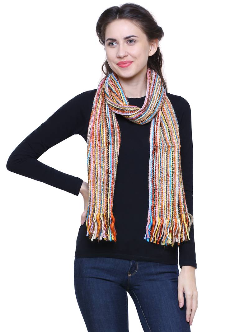 Yellow and  Multicoloured Acrylic Striped Woven Design Stole