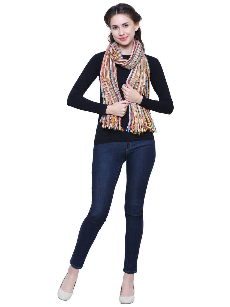 Yellow and  Multicoloured Acrylic Striped Woven Design Stole