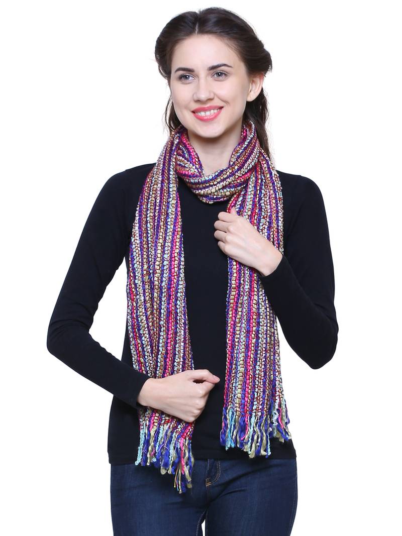 Blue Purple and  Multicoloured Acrylic Striped Woven Design Stole