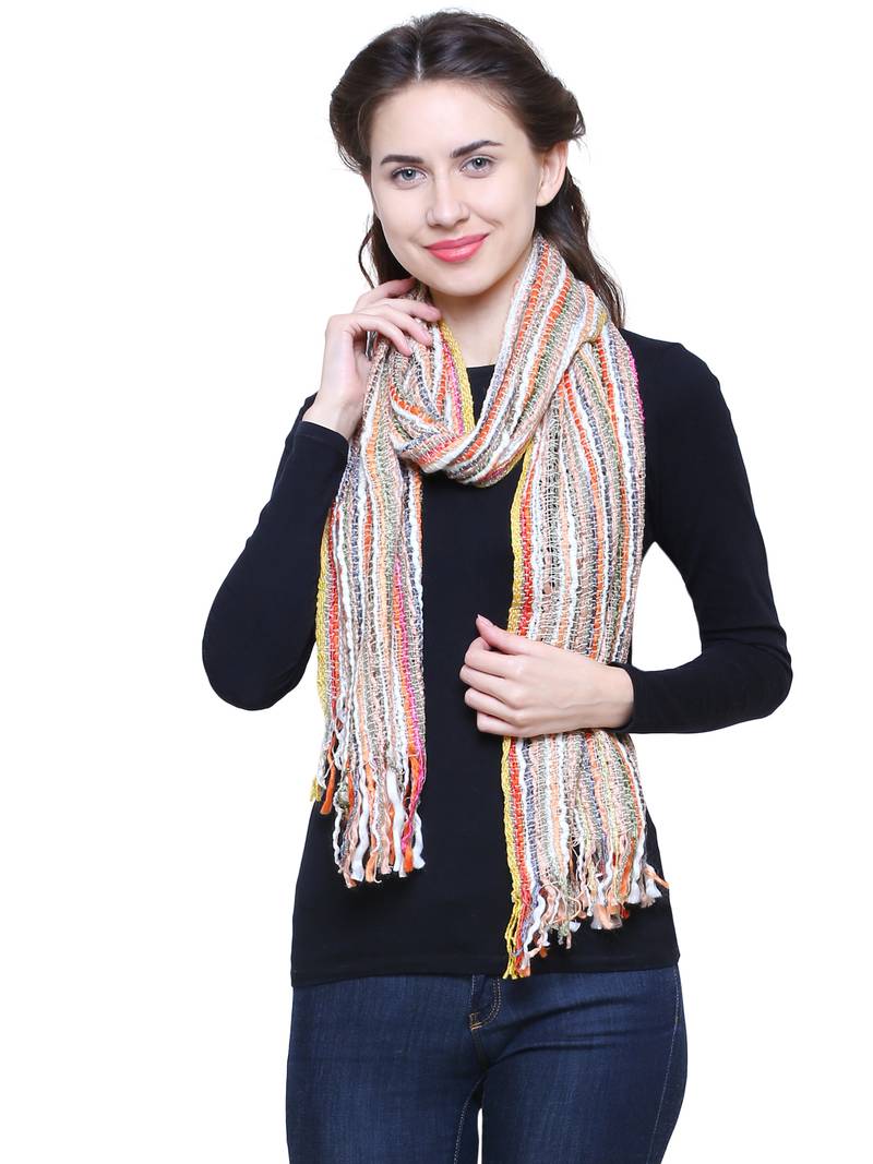 Beige brown and Multicoloured Acrylic Striped Woven Design Stole