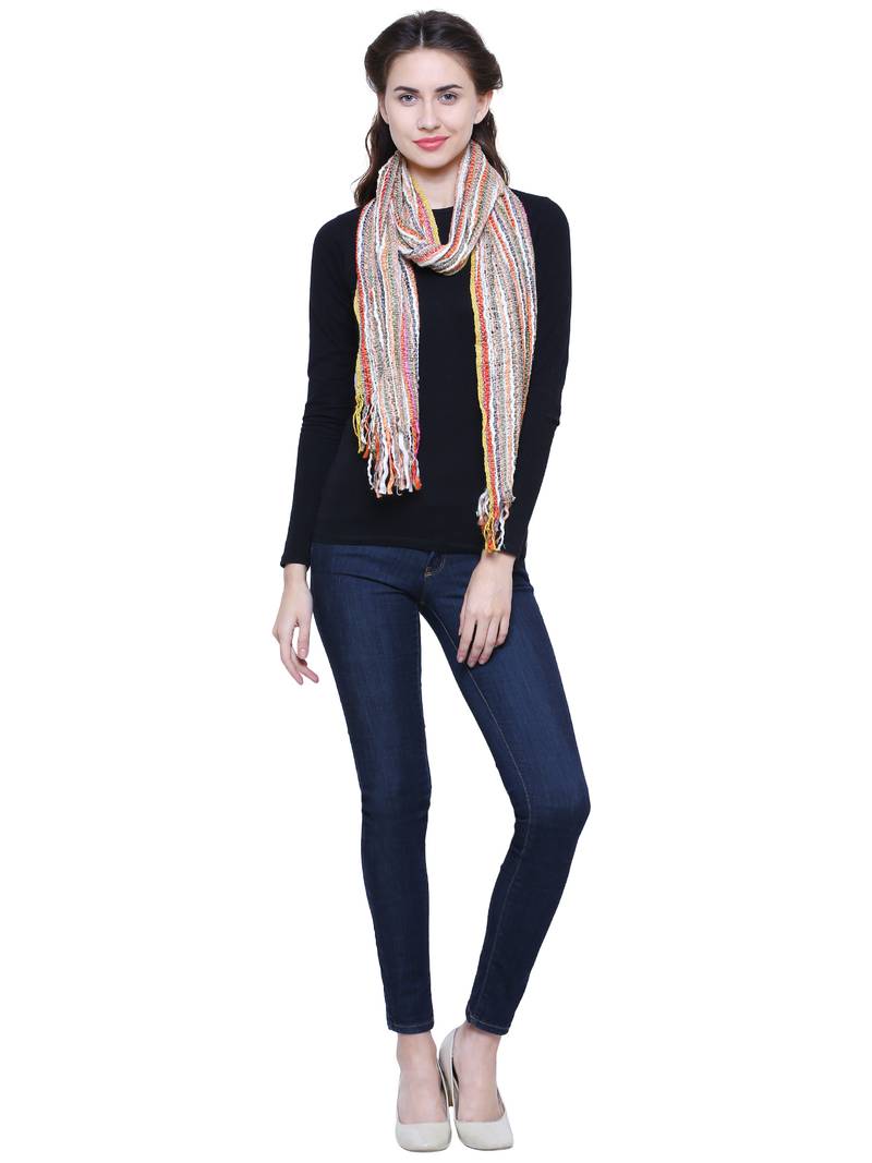 Beige brown and Multicoloured Acrylic Striped Woven Design Stole