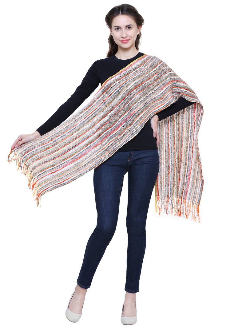 Beige brown and Multicoloured Acrylic Striped Woven Design Stole