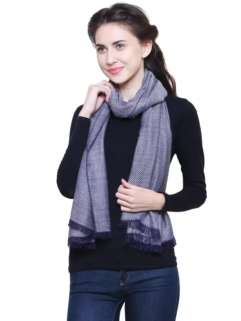 Navy Viscose Rayon Striped and Leheria Woven Design Scarf