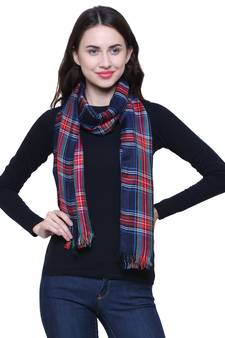 Navy and Multicoloured Viscose Rayon Checked Woven Design Scarf