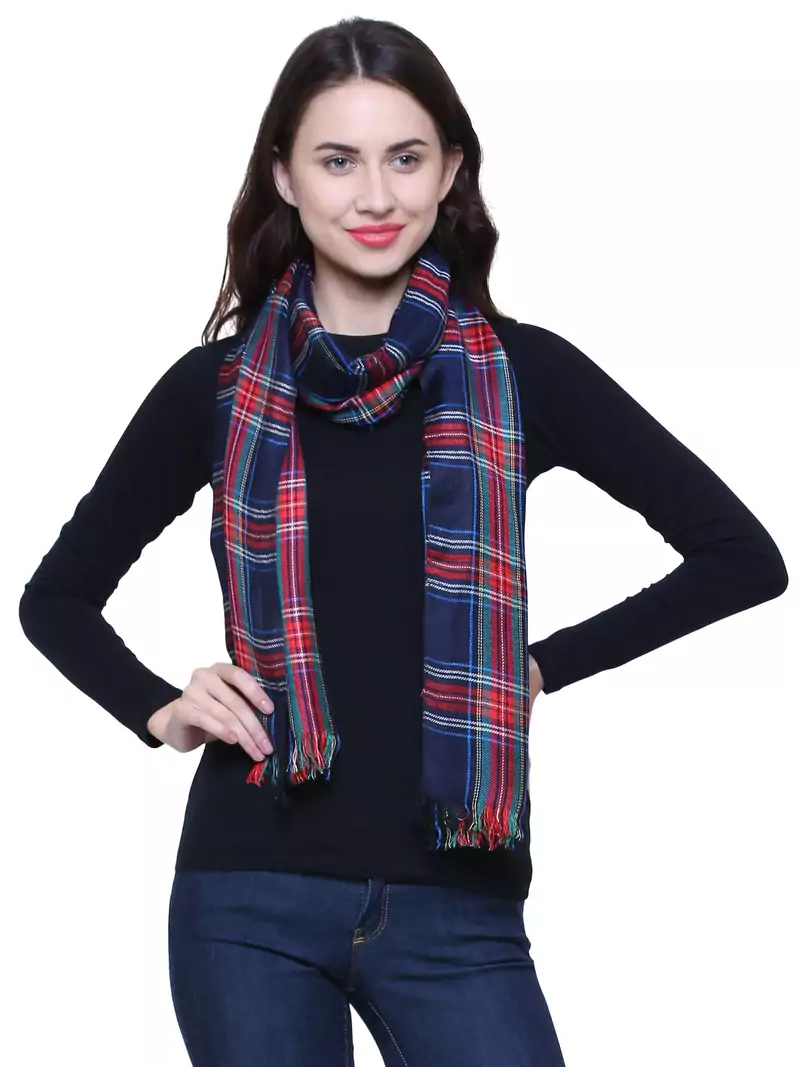 Navy and Multicoloured Viscose Rayon Checked Woven Design Scarf