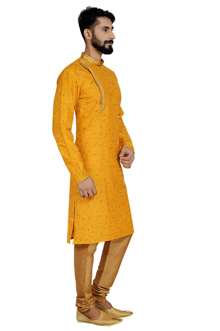 Yellow Stylish Silk Side Open Silk Kurta