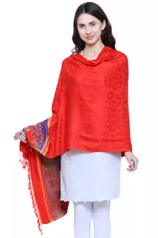 Red and multicoloured Voscose Rayon Floral Woven Design Shawl
